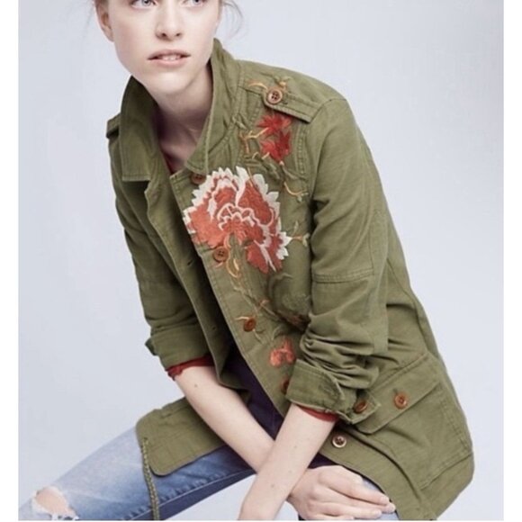 Anthropologie Jackets & Blazers - Anthropologie Hei Hei Floral Embroidered Military Green Field Jacket Size Small